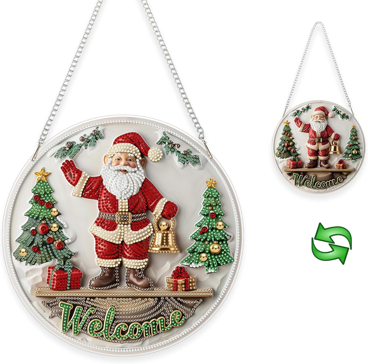 Hanging Diamond Art Ornament Kit Welcome Sign, Special Crystal Double Sided Diamonds Painting Pendant Kit for Adults Santa Claus, DIY Acrylic Gem Painting Board Kit